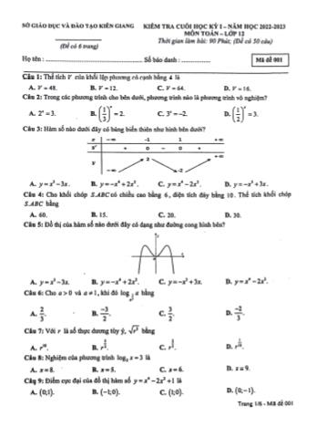 Kiểm tra cuối học kì 1 môn Toán Lớp 12 - Mã đề 001 - Năm học 2022-2023 - Sở GD&ĐT Kiên Giang (Có đáp án)