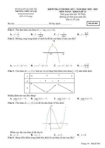 Kiểm tra cuối học kì 1 môn Toán Lớp 12 - Mã đề 001 - Năm học 2022-2023 - Trường THPT Lê Lợi (Có đáp án)