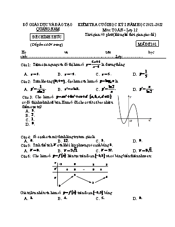 Kiểm tra cuối học kì 1 môn Toán Lớp 12 - Mã đề 101 - Năm học 2021-2022 - Sở GD&ĐT Quảng Nam (Có đáp án)