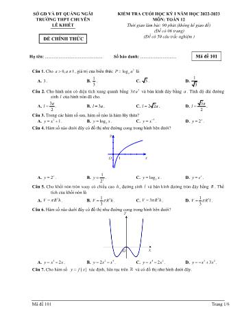 Kiểm tra cuối học kì 1 môn Toán Lớp 12 - Mã đề 101 - Năm học 2022-2023 - Trường THPT chuyên Lê Khiết