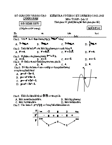 Kiểm tra cuối học kì 1 môn Toán Lớp 12 - Mã đề 102 - Năm học 2021-2022 - Sở GD&ĐT Quảng Nam (Có đáp án)