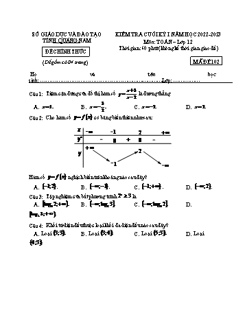 Kiểm tra cuối học kì 1 môn Toán Lớp 12 - Mã đề 102 - Năm học 2022-2023 - Sở GD&ĐT Quảng Nam (Có đáp án)