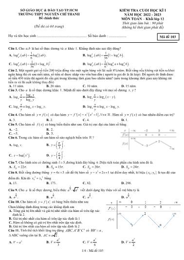 Kiểm tra cuối học kì 1 môn Toán Lớp 12 - Mã đề 103 - Năm học 2022-2023 - Trường THPT Nguyễn Chí Thanh