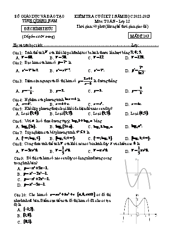 Kiểm tra cuối học kì 1 môn Toán Lớp 12 - Mã đề 103 - Năm học 2022-2023 - Sở GD&ĐT Quảng Nam (Có đáp án)