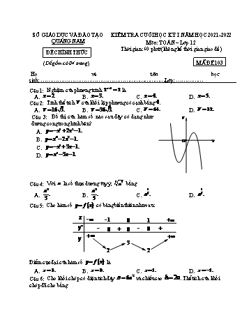 Kiểm tra cuối học kì 1 môn Toán Lớp 12 - Mã đề 103 - Năm học 2021-2022 - Sở GD&ĐT Quảng Nam (Có đáp án)