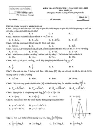 Kiểm tra cuối học kì 1 môn Toán Lớp 12 - Mã đề 104 - Năm học 2022-2023 - Trường THPT chuyên Hạ Long