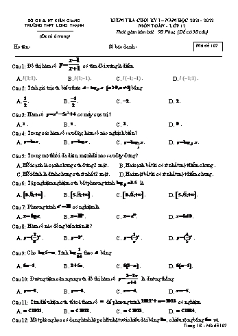 Kiểm tra cuối học kì 1 môn Toán Lớp 12 - Mã đề 107 - Năm học 2021-2022 - Trường THPT Long Thạnh (Có đáp án)
