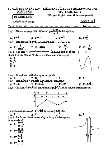 Kiểm tra cuối học kì 1 môn Toán Lớp 12 - Năm học 2021-2022 - Sở GD&ĐT Quảng Nam (Có đáp án)