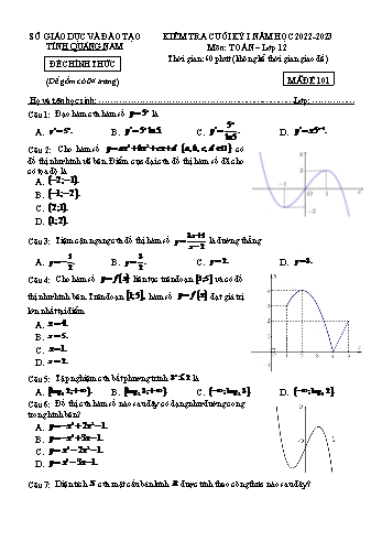 Kiểm tra cuối học kì 1 môn Toán Lớp 12 - Năm học 2022-2023 - Sở GD&ĐT Quảng Nam (Có đáp án)