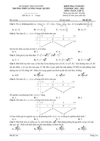Kiểm tra cuối kì 1 môn Toán Lớp 12 - Mã đề 101 - Năm học 2022-2023 - Trường THPT Lương Ngọc Quyến (Có đáp án)