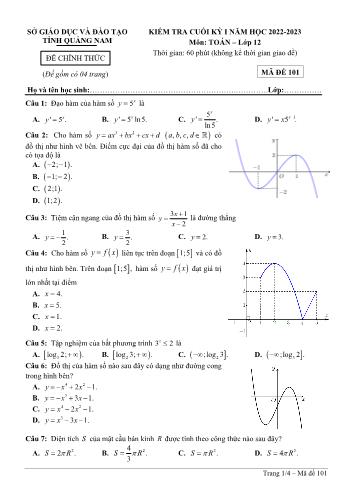 Kiểm tra cuối kì 1 môn Toán Lớp 12 - Mã đề 101 - Năm học 2022-2023 - Sở GD&ĐT Quảng Nam (Có đáp án)