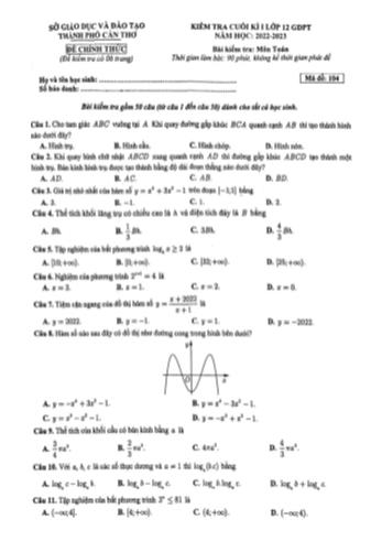 Kiểm tra cuối kì 1 môn Toán Lớp 12 - Mã đề 104 - Năm học 2022-2023 - Sở GD&ĐT Cần Thơ