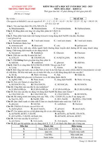 Kiểm tra giữa học kì 1 môn Hóa học Lớp 12 - Mã đề 368 - Năm học 2022-2023 - Trường THPT Trần Phú (Có đáp án)