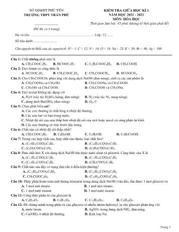 Kiểm tra giữa học kì 1 môn Hóa học Lớp 12 - Năm học 2021-2022 - Trường THPT Trần Phú (Có đáp án)