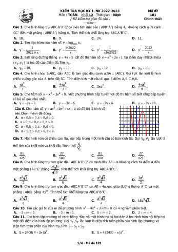 Kiểm tra học kì 1 môn Toán Lớp 12 - Mã đề 101 - Năm học 2022-2023 - Trường THPT Gia Định (Có đáp án)