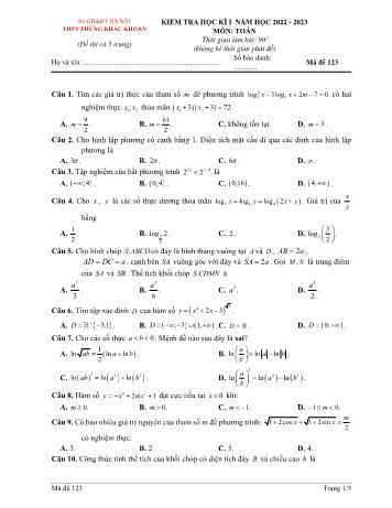 Kiểm tra học kì 1 môn Toán Lớp 12 - Mã đề 123 - Năm học 2022-2023 - Trường THPT Phùng Khắc Khoan (Có đáp án)