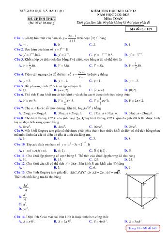 Kiểm tra học kì 1 môn Toán Lớp 12 - Mã đề 169 - Năm học 2022-2023 - Sở GD&ĐT Đăk Nông