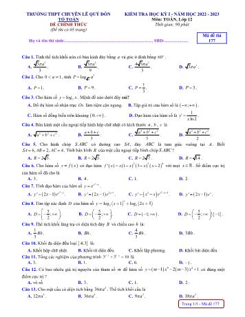 Kiểm tra học kì 1 môn Toán Lớp 12 - Mã đề 177 - Năm học 2022-2023 - Trường THPT chuyên Lê Quý Đôn (Có đáp án)