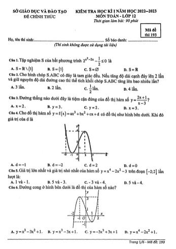 Kiểm tra học kì 1 môn Toán Lớp 12 - Mã đề 193 - Năm học 2022-2023 - Sở GD&ĐT Bình Dương