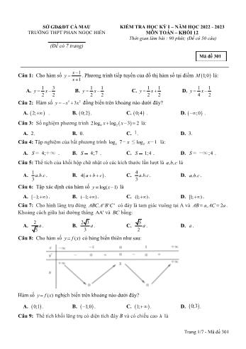 Kiểm tra học kì 1 môn Toán Lớp 12 - Mã đề 301 - Năm học 2022-2023 - Trường THPT Phan Ngọc Hiển (Có đáp án)