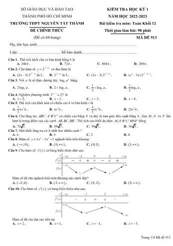 Kiểm tra học kì 1 môn Toán Lớp 12 - Mã đề 913 - Năm học 2022-2023 - Trường THPT Nguyễn Tất Thành (Có đáp án)