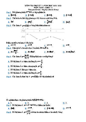Kiểm tra học kì 1 môn Toán Lớp 12 - Năm học 2022-2023 (Có đáp án)