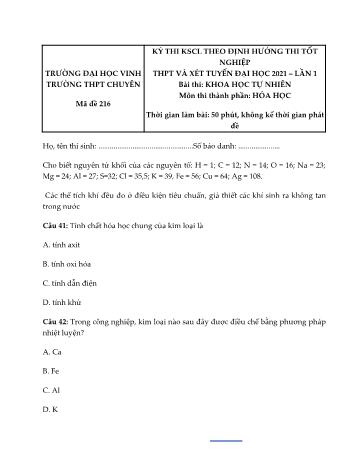 Kỳ thi khảo sát chất lượng theo định hướng thi tốt nghiệp THPT bài thi Khoa học tự nhiên (Lần 1) - Môn Hóa học - Mã đề 216 - Năm học 2021 - Trường Đại học Vinh