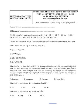 Kỳ thi khảo sát chất lượng theo định hướng thi tốt nghiệp THPT bài thi Khoa học tự nhiên (Lần 1) - Môn Hóa học - Năm học 2021 - Trường Đại học Vinh