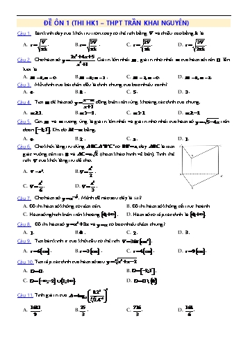 12 Đề ôn kiểm tra học kì 1 Toán Lớp 12 - Năm học 2021-2022 (Có đáp án)