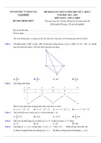 Đề khảo sát chất lượng học kì 1 Toán Lớp 12 (Đợt 2) - Năm học 2021-2022 - Sở GD&ĐT Nam Định