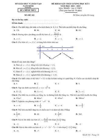 Đề khảo sát chất lượng học kì 1 Toán Lớp 12 - Mã đề 103 - Năm học 2021-2022 - Sở GD&ĐT Nam Định