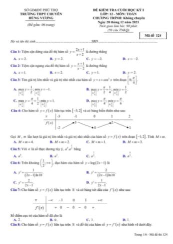 Đề kiểm tra cuối học kì 1 Toán Lớp 12 (Không chuyên) - Mã đề 124 - Năm học 2021-2022 - Trường THPT chuyên Hùng Vương