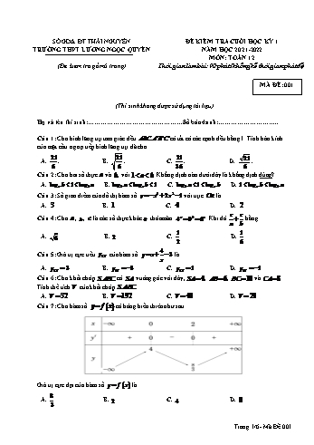 Đề kiểm tra cuối học kì 1 Toán Lớp 12 - Mã đề 001 - Năm học 2021-2022 - Trường THPT Lương Ngọc Quyến