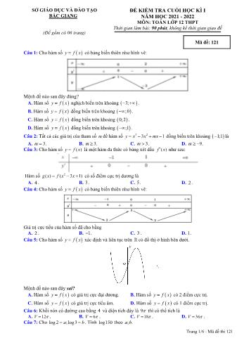 Đề kiểm tra cuối học kì 1 Toán Lớp 12 - Mã đề 121 - Năm học 2021-2022 - Sở GD&ĐT Bắc Giang (Có đáp án)