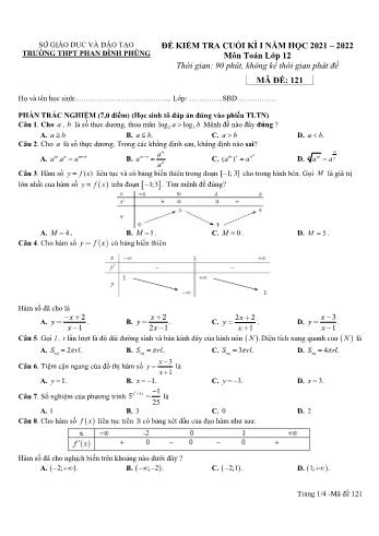Đề kiểm tra cuối kì 1 Toán Lớp 12 - Mã đề 121 - Năm học 2021-2022 - Trường THPT Phan Đình Phùng (Có hướng dẫn chấm)
