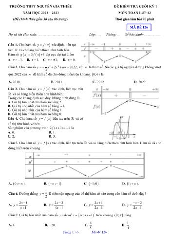 Đề kiểm tra cuối kì 1 Toán Lớp 12 - Mã đề 126 - Năm học 2022-2023 - Trường THPT Nguyễn Gia Thiều