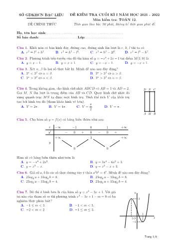 Đề kiểm tra cuối kì 1 Toán Lớp 12 - Năm học 2021-2022 - Sở GD&ĐT Bạc Liêu