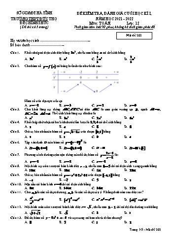 Đề kiểm tra, đánh giá cuối học kì 1 Toán Lớp 12 - Mã đề 202 - Năm học 2021-2022 - Trường THPT Đức Thọ