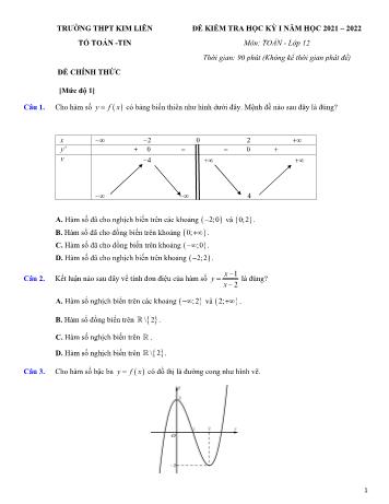 Đề kiểm tra học kì 1 Toán Lớp 12 - Năm học 2021-2022 - Trường THPT Kim Liên (Có đáp án)