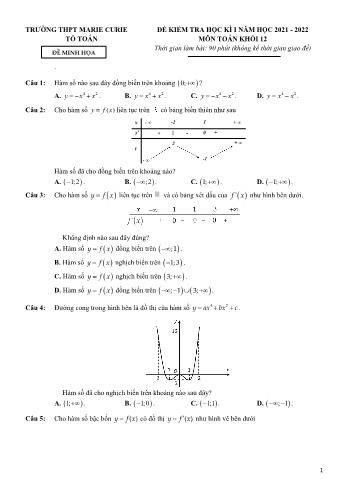 Đề kiểm tra học kì 1 Toán Lớp 12 - Năm học 2021-2022 - Trường THPT Marie Curie