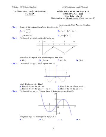 Đề ôn kiểm tra cuối học kì 1 Toán Lớp 12 - Năm học 2021-2022 - Trường THPT Thuận Thành số 1