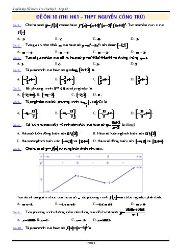 Đề ôn kiểm tra học kì 1 Toán Lớp 12 - Đề 10 - Năm học 2021-2022 - Trường THPT Nguyễn Công Trứ (Có đáp án)