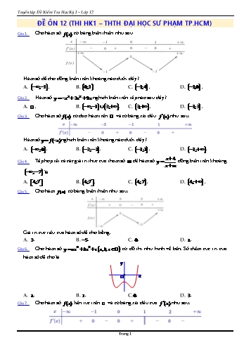 Đề ôn kiểm tra học kì 1 Toán Lớp 12 - Đề 12 - Năm học 2021-2022 - Trường Đại học Sư phạm Hồ Chí Minh (Có đáp án)