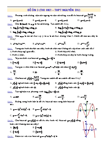 Đề ôn kiểm tra học kì 1 Toán Lớp 12 - Đề 3 - Năm học 2021-2022 - Trường THPT Nguyễn Du (Có đáp án)