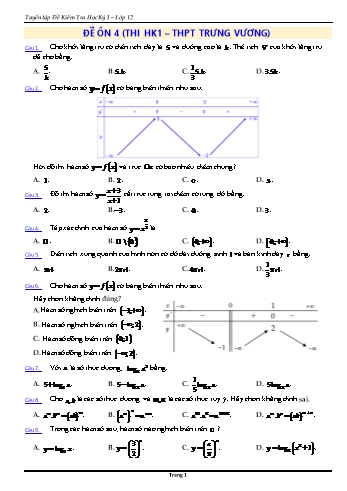 Đề ôn kiểm tra học kì 1 Toán Lớp 12 - Đề 4 - Năm học 2021-2022 - Trường THPT Trưng Vương (Có đáp án)