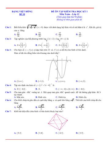 Đề ôn tập kiểm tra học kì 1 Toán Lớp 12 - Đề 10 (Có lời giải chi tiết)