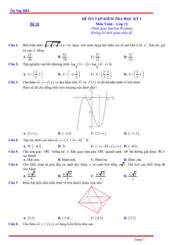 Đề ôn tập kiểm tra học kì 1 Toán Lớp 12 - Đề 10 - Năm học 2021-2022 (Có lời giải)