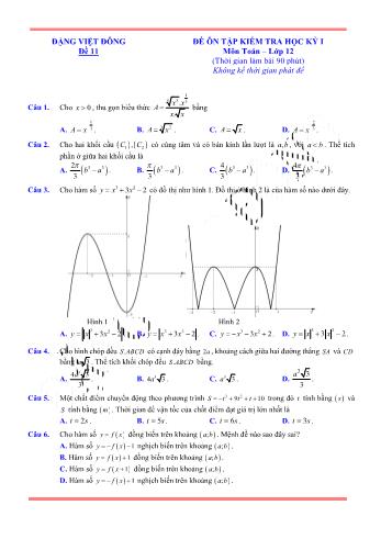 Đề ôn tập kiểm tra học kì 1 Toán Lớp 12 - Đề 11 (Có lời giải chi tiết)