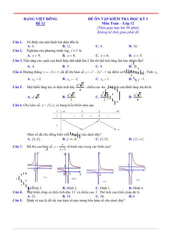 Đề ôn tập kiểm tra học kì 1 Toán Lớp 12 - Đề 12 (Có lời giải chi tiết)