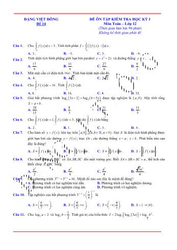 Đề ôn tập kiểm tra học kì 1 Toán Lớp 12 - Đề 14 (Có lời giải chi tiết)